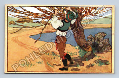 Pohlednice Muž s holí u stromu a vody ilustrace (M43111)