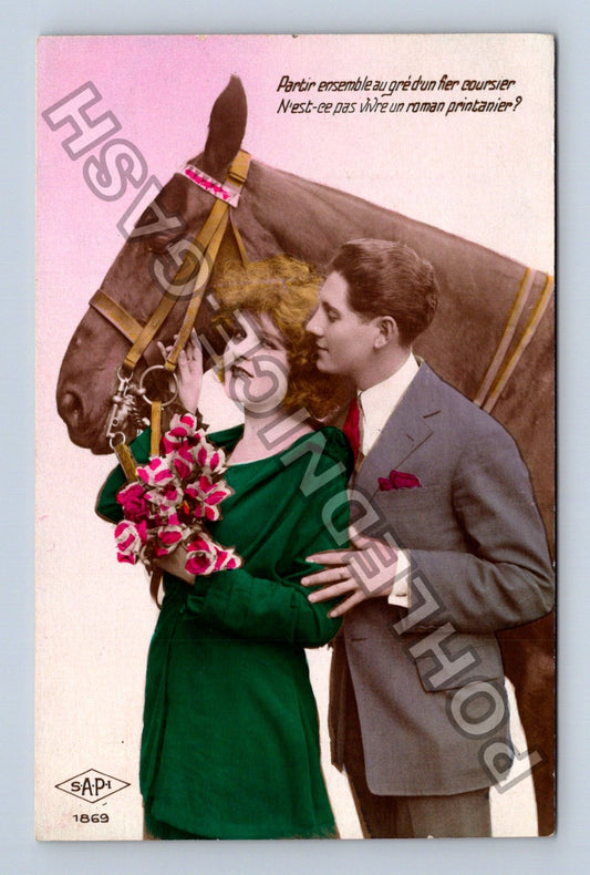 Pohlednice Francie pár s koněm romantický motiv 1927 (M43122)