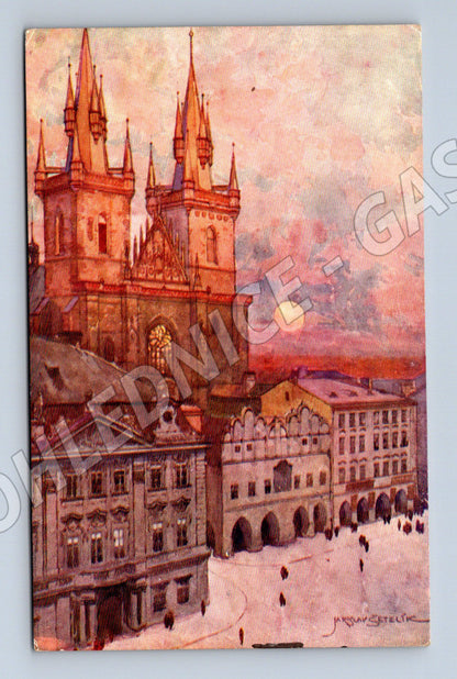 Pohlednice Praha Týnský chrám akvarel Šetelík (M4335)