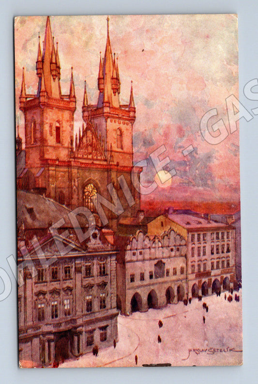 Pohlednice Praha Týnský chrám akvarel Šetelík (M4335)