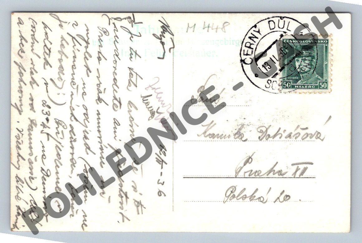 Pohlednice Krkonoše Achm Baude Riesengebirge 1936 (M448)