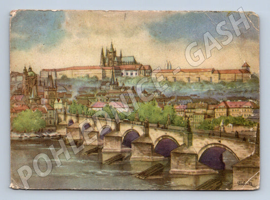 Pohlednice Praha Hradčany a Karlův most Kubašta (M4505)