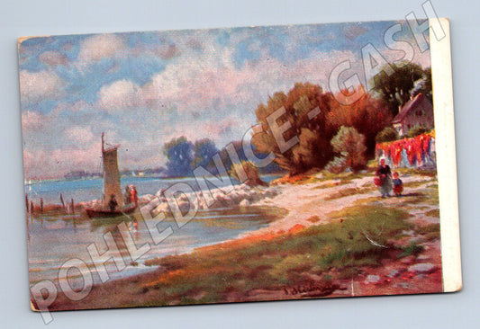 Pohlednice malovaná krajina s lodí (M4570)