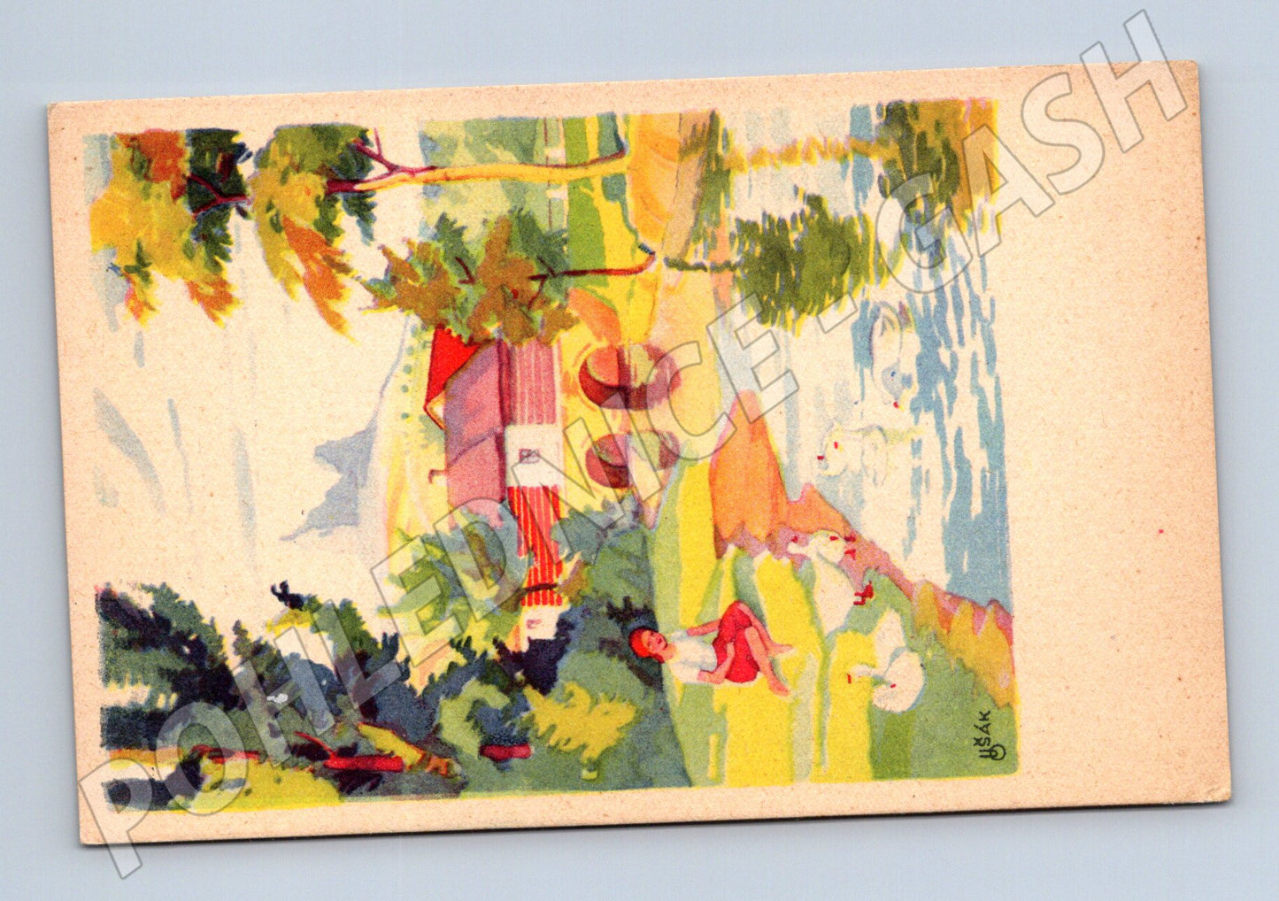 Pohlednice venkovská krajina dívka u rybníka (M4588)