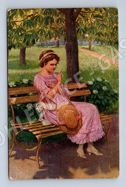 Pohlednice dívka na lavičce malovaná (M4600)