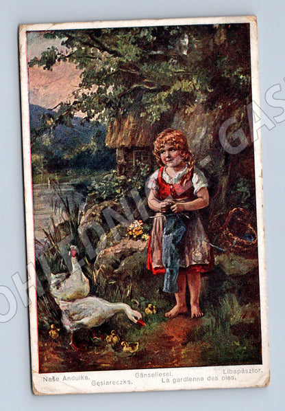 Pohlednice dívka s husou starý motiv (M4603)