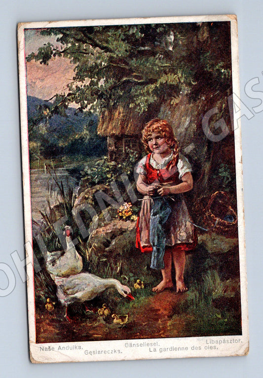 Pohlednice dívka s husou starý motiv (M4603)