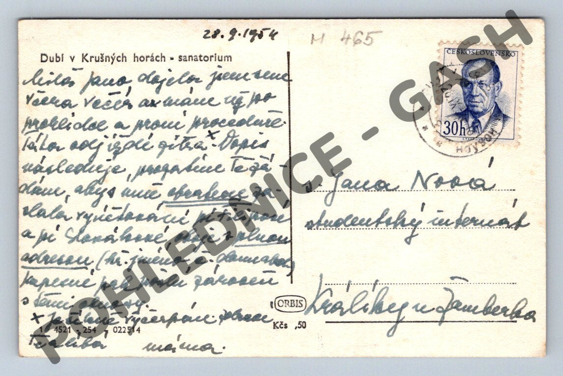 Pohlednice sanatorium Dubí Krušné hory 1954 (M465)