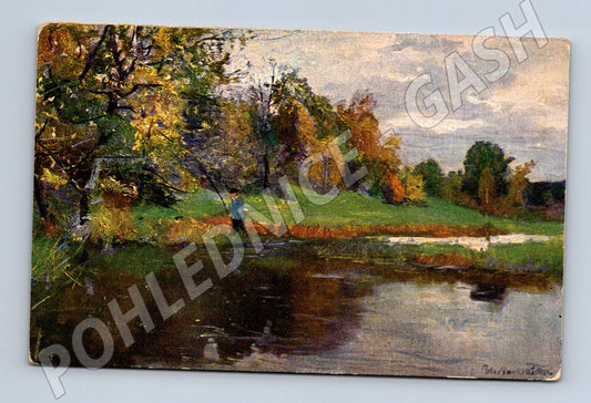 Pohlednice krajina s rybníkem a rybářem (M4694)