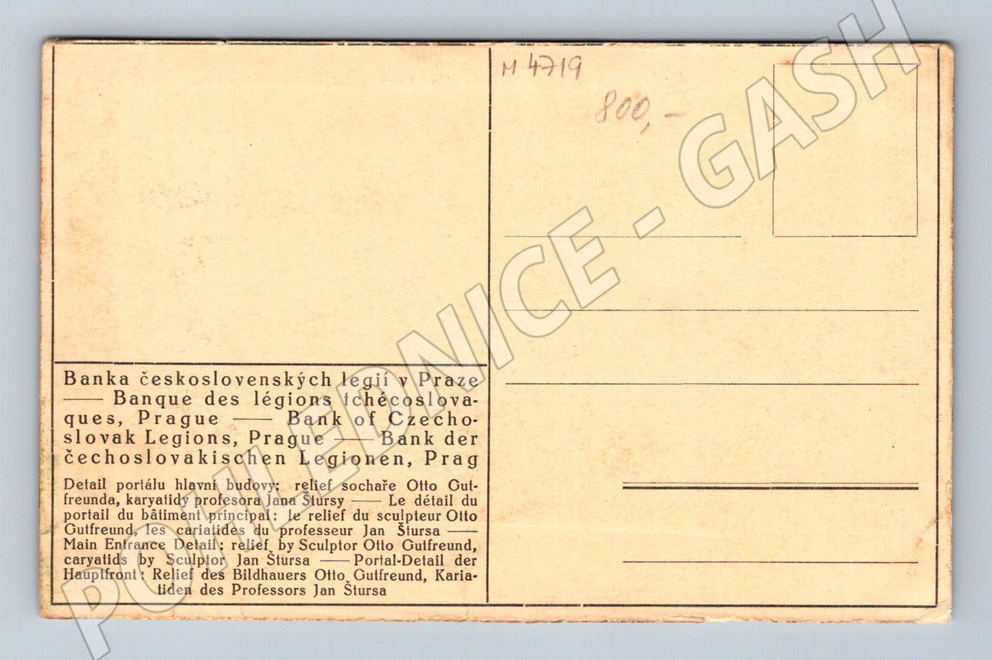 Postcard Prague Bank of Legions relief (M4719)