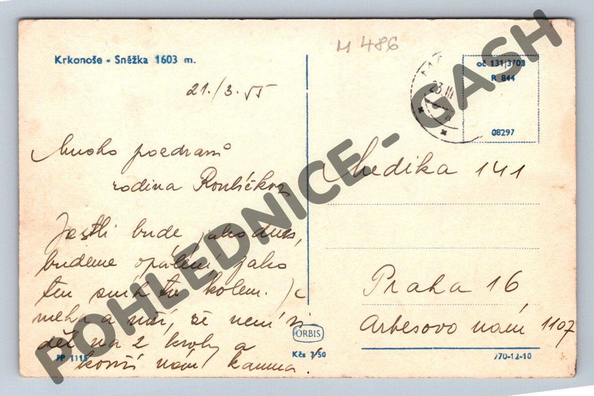 Pohlednice Krkonoše Sněžka 1603 m 1955 (M486)