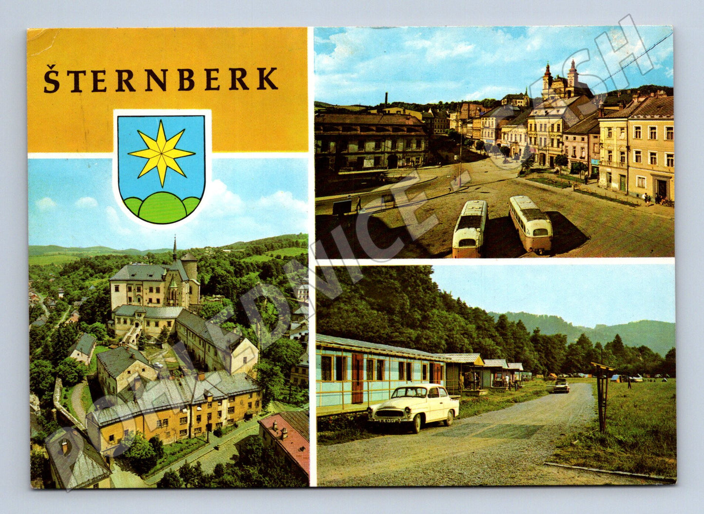 Postcard Šternberk castle and square, historical (M5198)