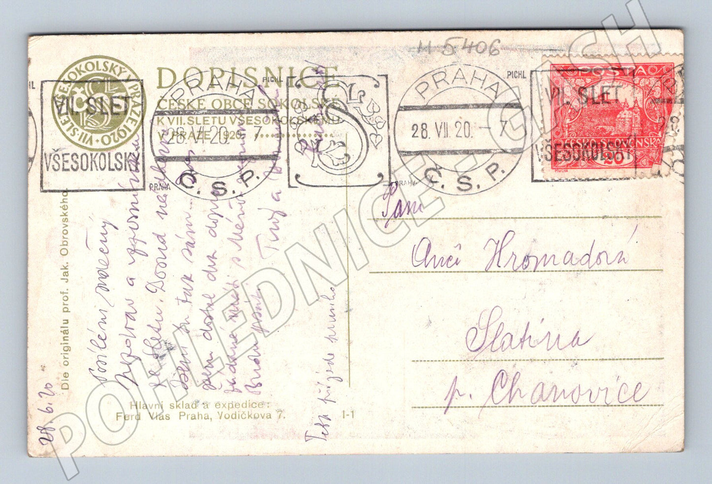 Pohlednice VII slet Praha 1920 originál prošlá (M5406)