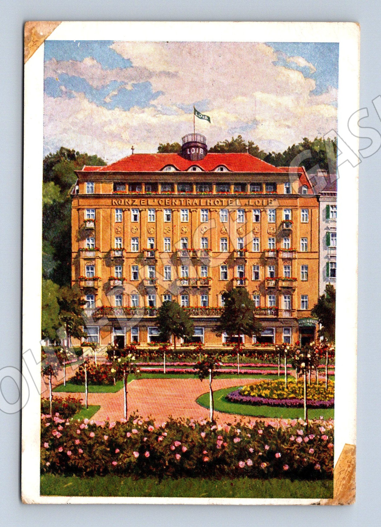 Postcard Karlovy Vary Central Hotel Loib 1937 colored (M5513)