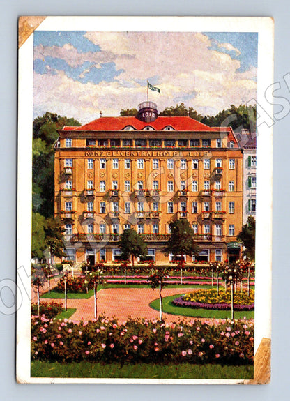Postcard Karlovy Vary Central Hotel Loib 1937 colored (M5513)