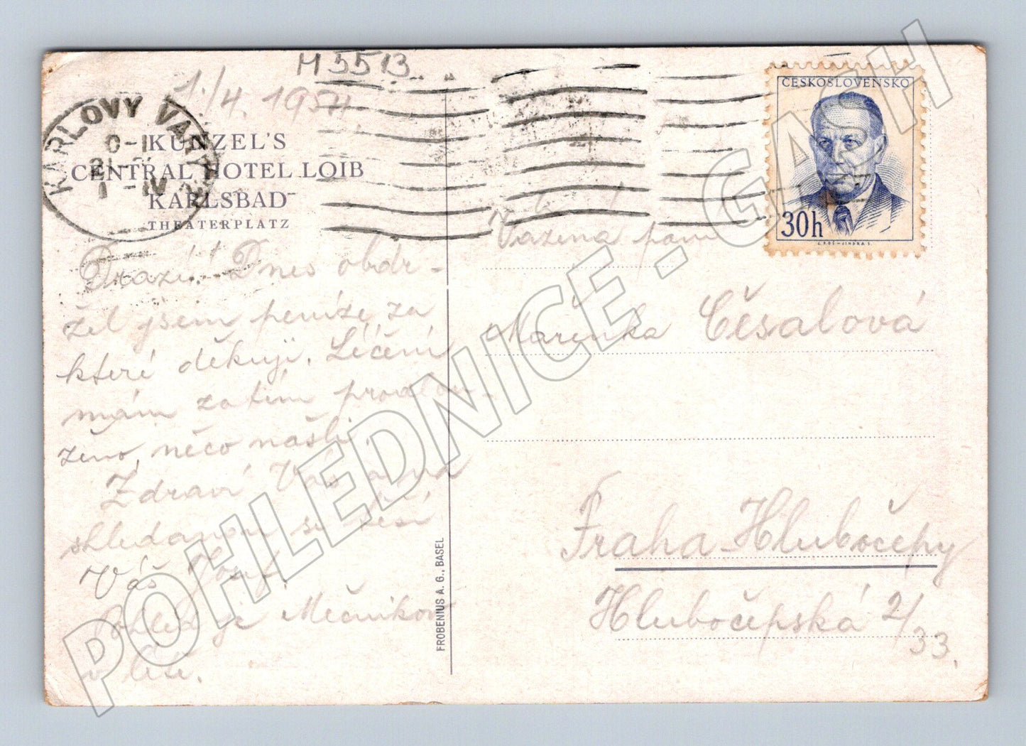 Postcard Karlovy Vary Central Hotel Loib 1937 colored (M5513)