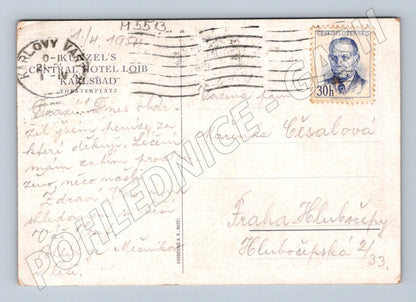Postcard Karlovy Vary Central Hotel Loib 1937 colored (M5513)