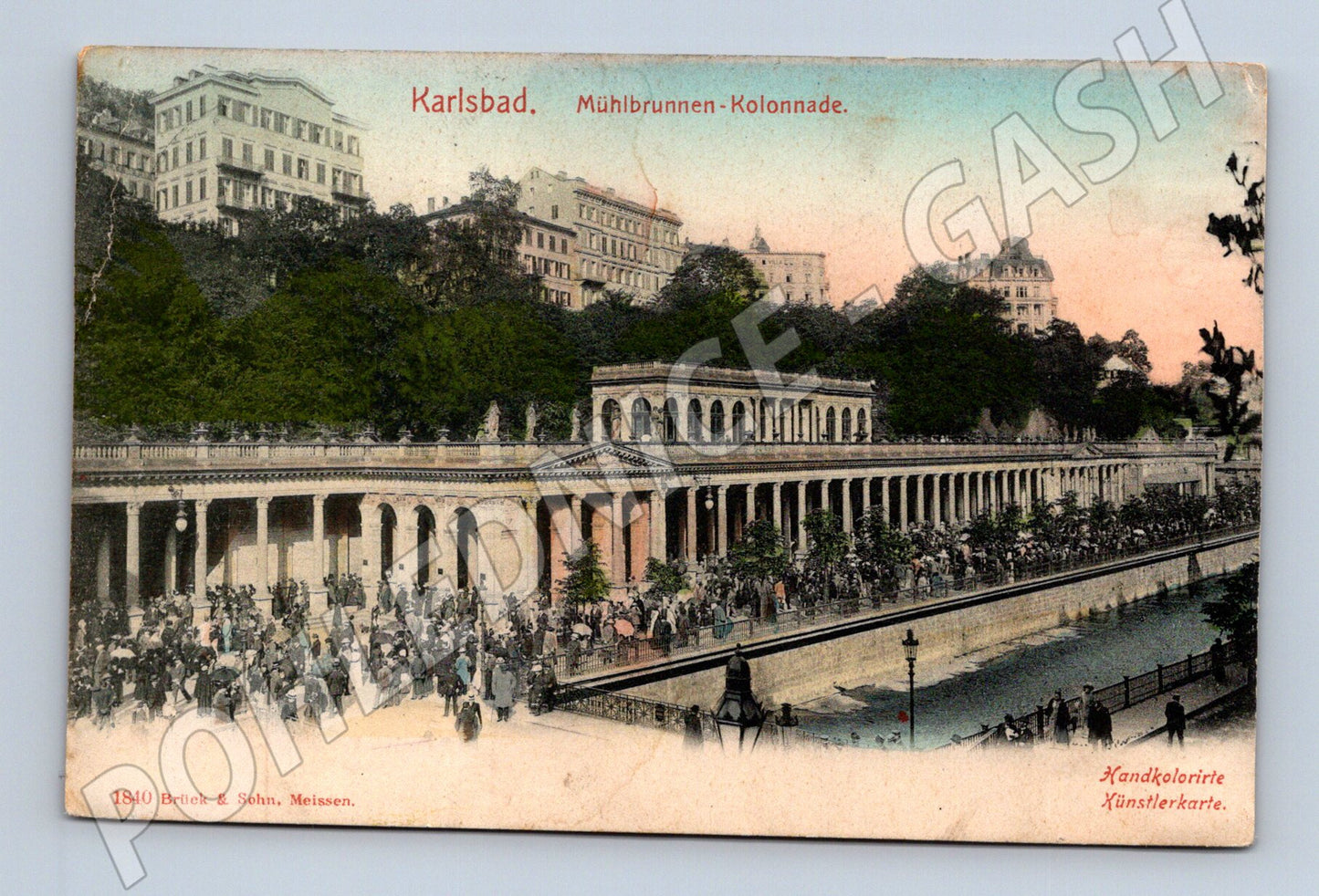 Postcard Karlovy Vary Colonnade hand-colored (M5532)
