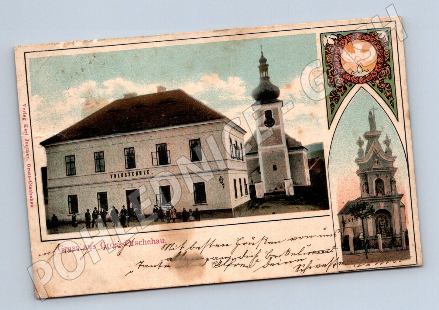 Pohlednice Velké Opatovice škola kostel kaple (M5626)