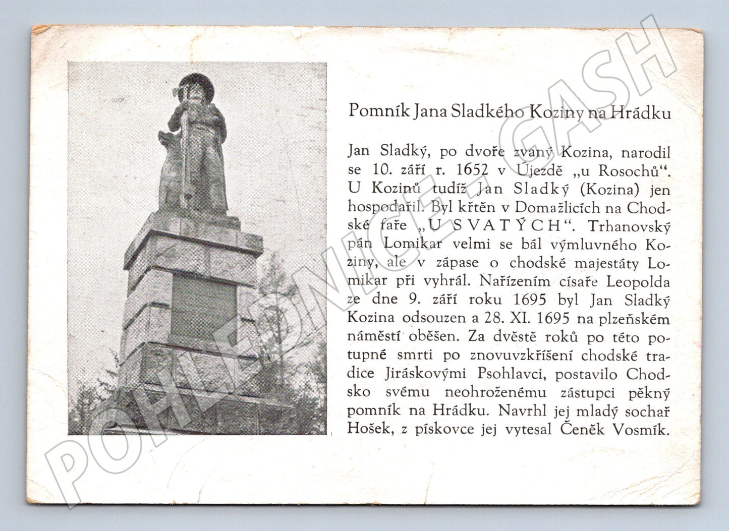 Postcard Monument to Jan Sladký Kozina Hrádek (M5629)