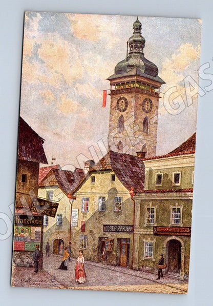 Postcard České Budějovice tower painting 1922 (M5699)