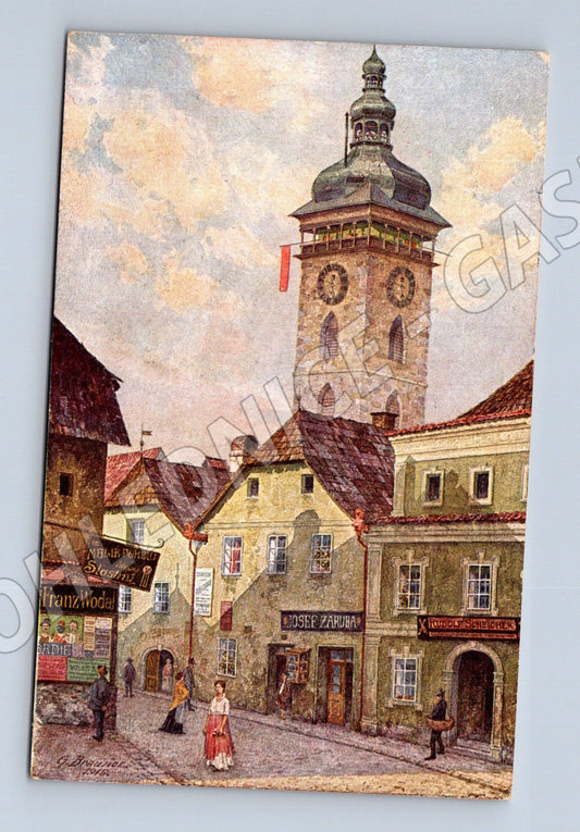Postcard České Budějovice tower painting 1922 (M5699)