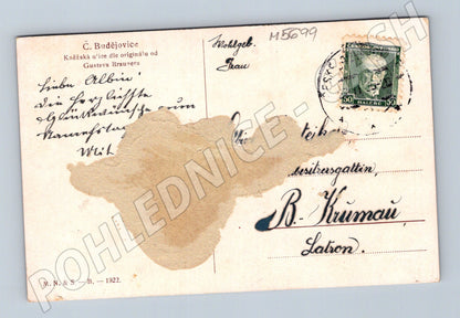 Postcard České Budějovice tower painting 1922 (M5699)