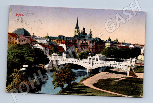 Postcard Pilsen bridge over the river colored (M5716)