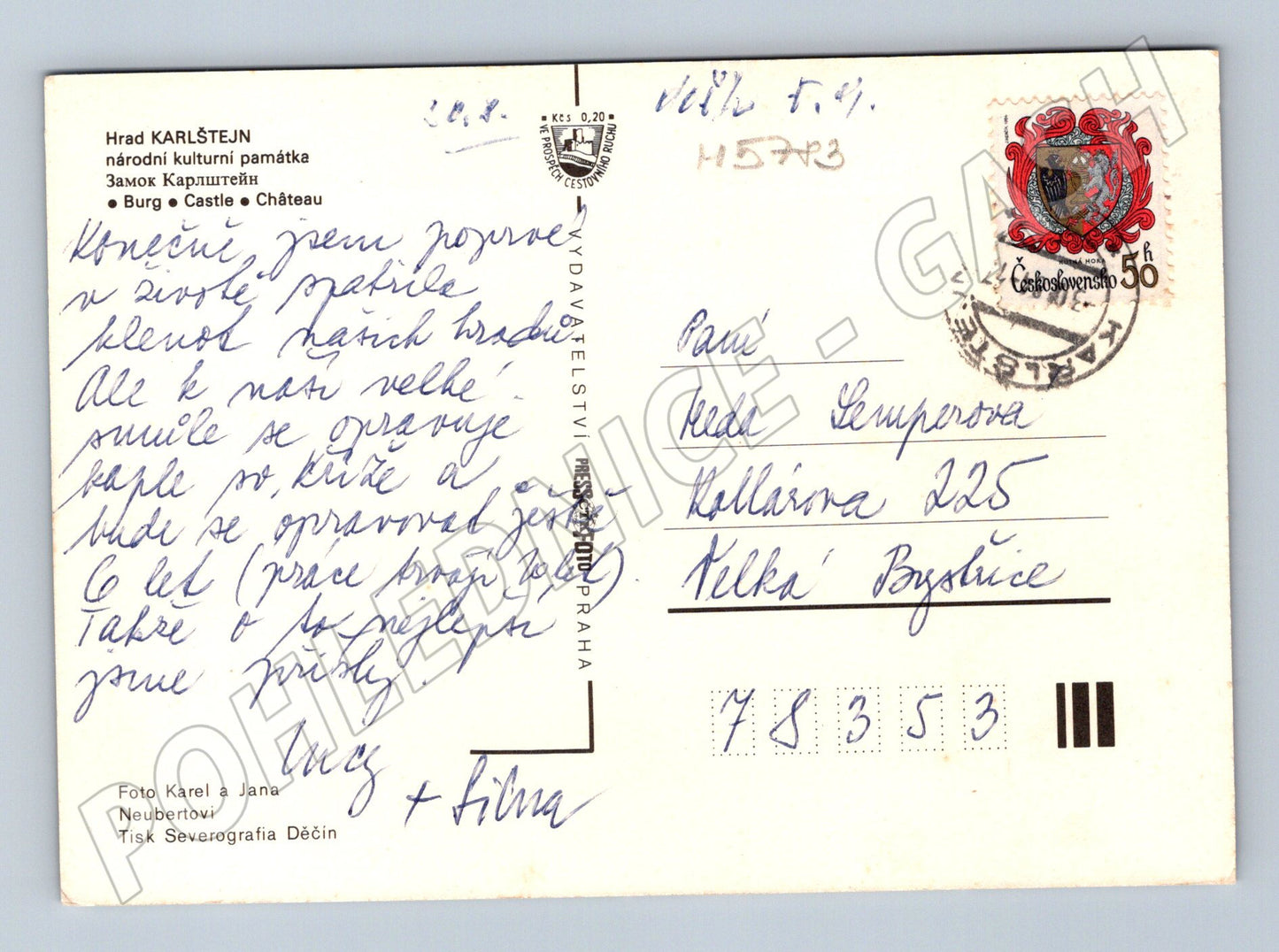 Postcard Karlštejn Castle sent to Czechoslovakia (M5783)