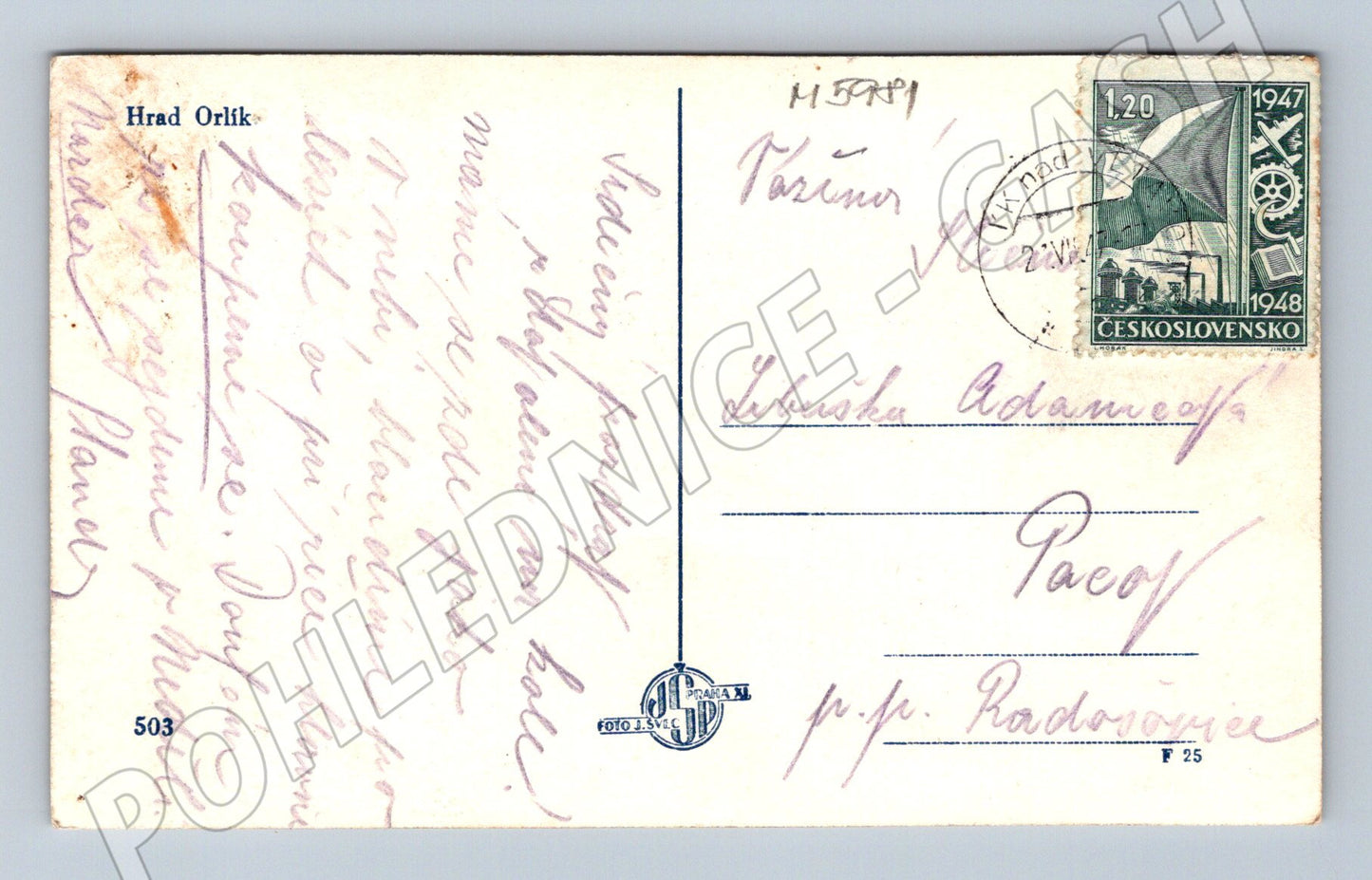 Postcard Orlík nad Vltavou Castle used (M5981)