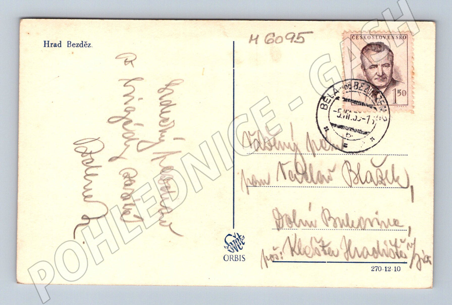 Postcard Bezděz Castle sent in 1951, postmark (M6095)