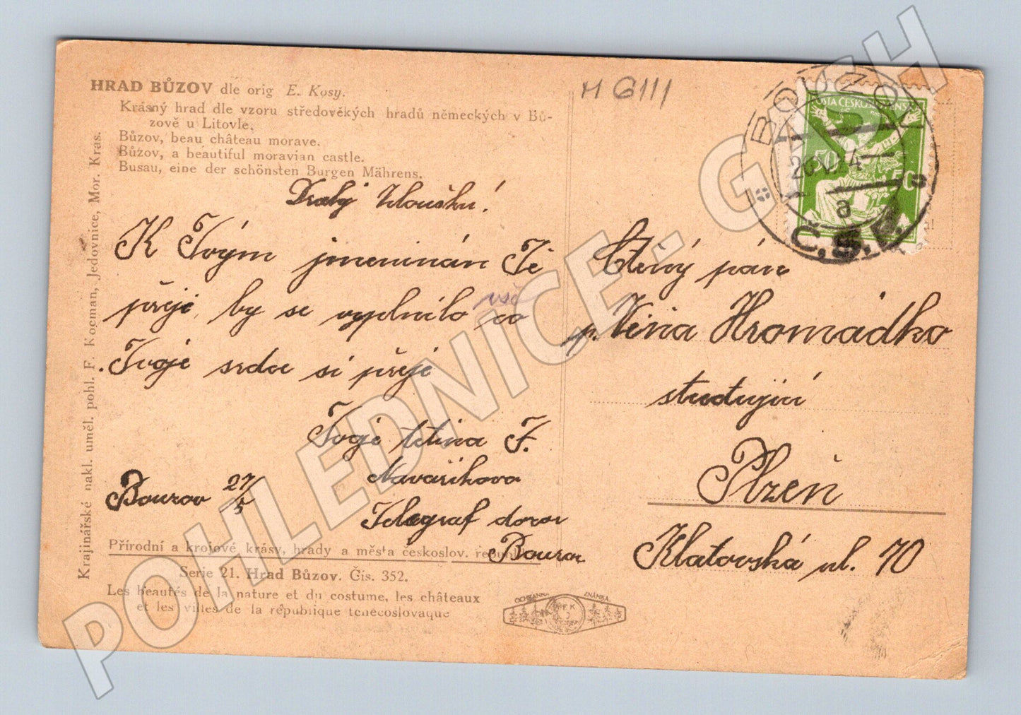 Pohlednice Hrad Bouzov kresba Kosa prošlá (M6111)
