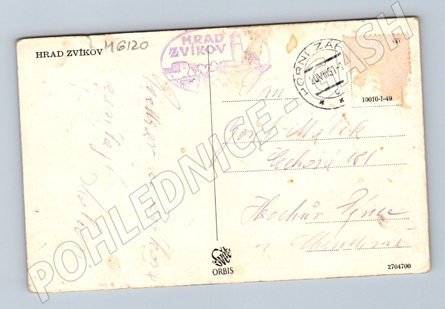 Pohlednice Hrad Zvíkov 1951 prošlá (M6120)