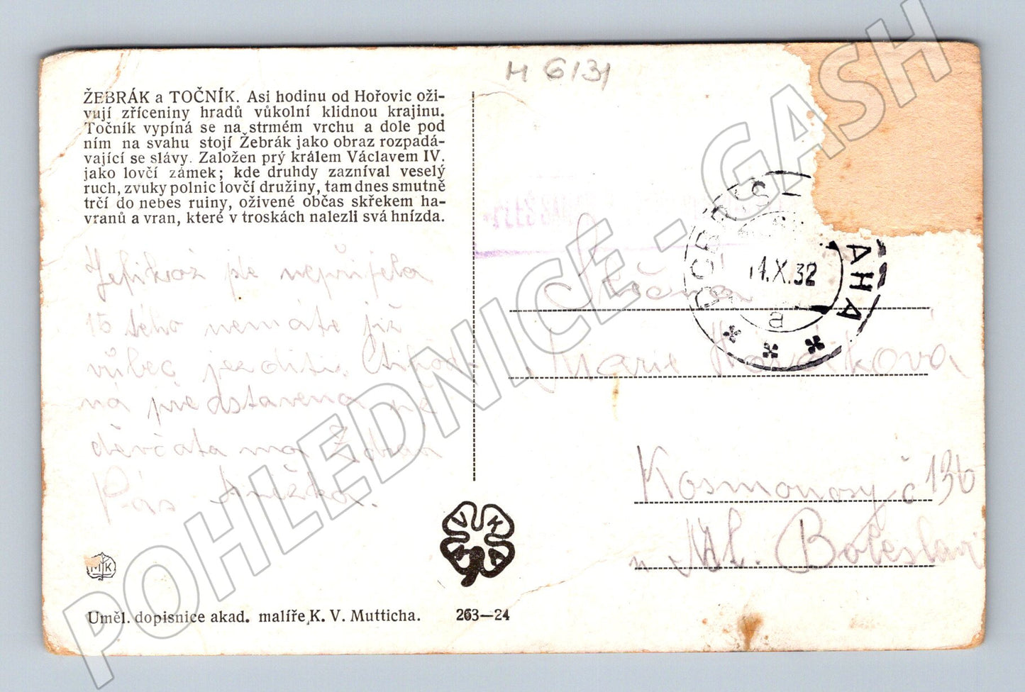 Pohlednice hrady Žebrák Točník malovaný 1932 (M6131)