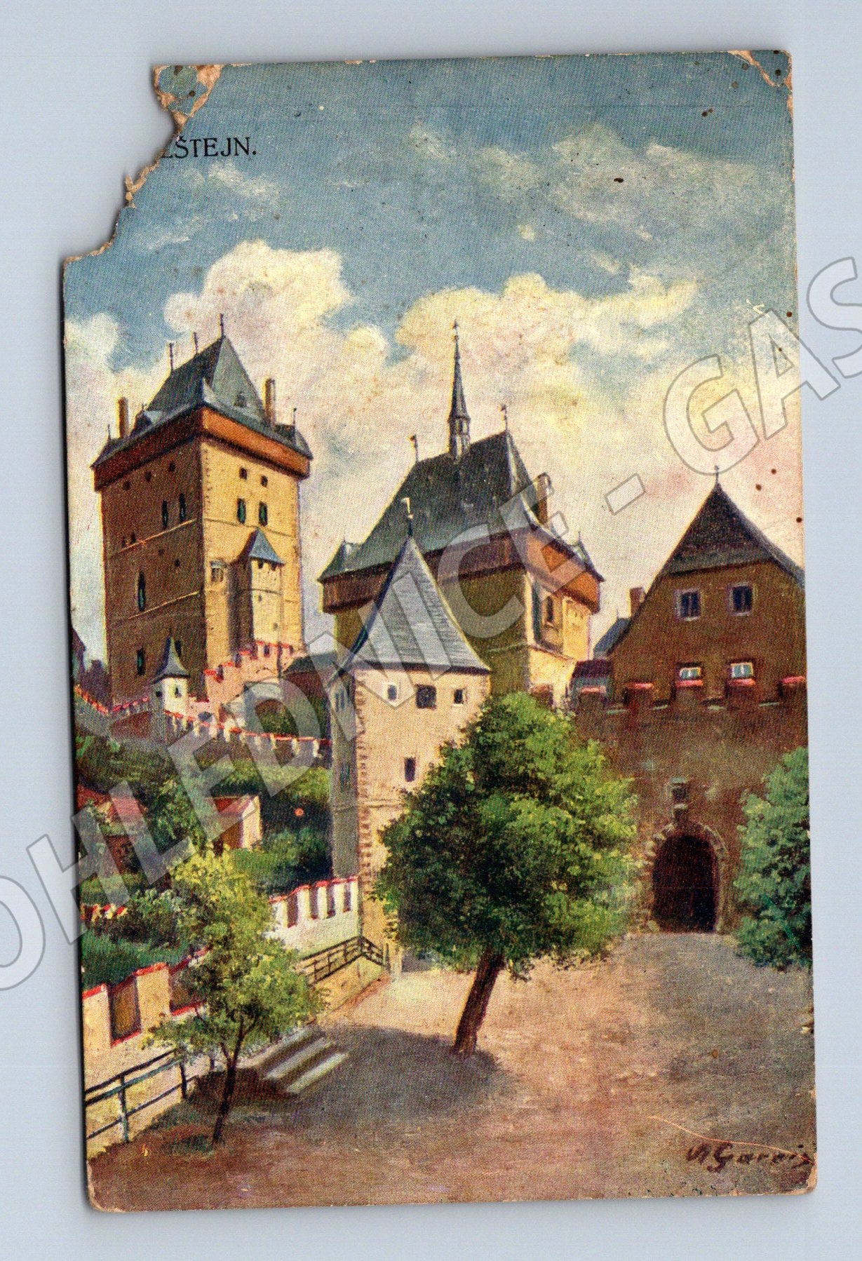 Pohlednice Karlštejn malovaná razítko známka (M6143)