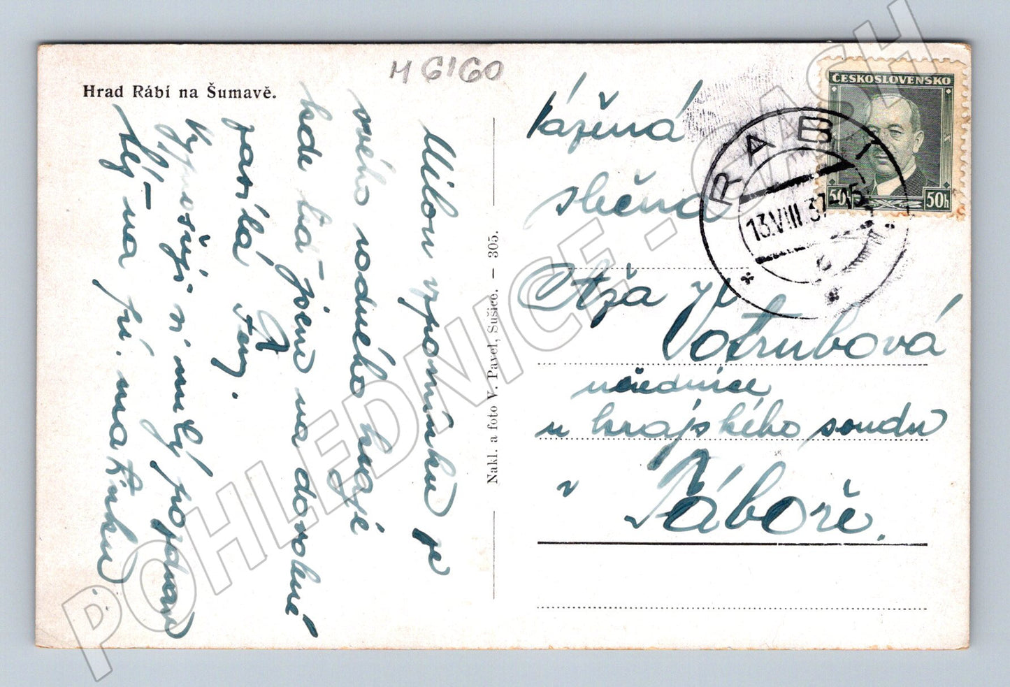 Pohlednice Hrad Rabí 1951 známka razítko (M6160)