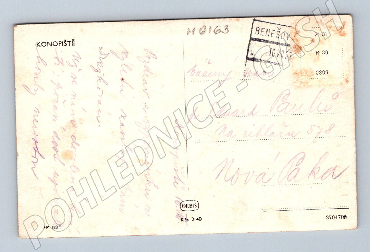 Pohlednice Konopiště zámek odeslaná 1951 (M6163)