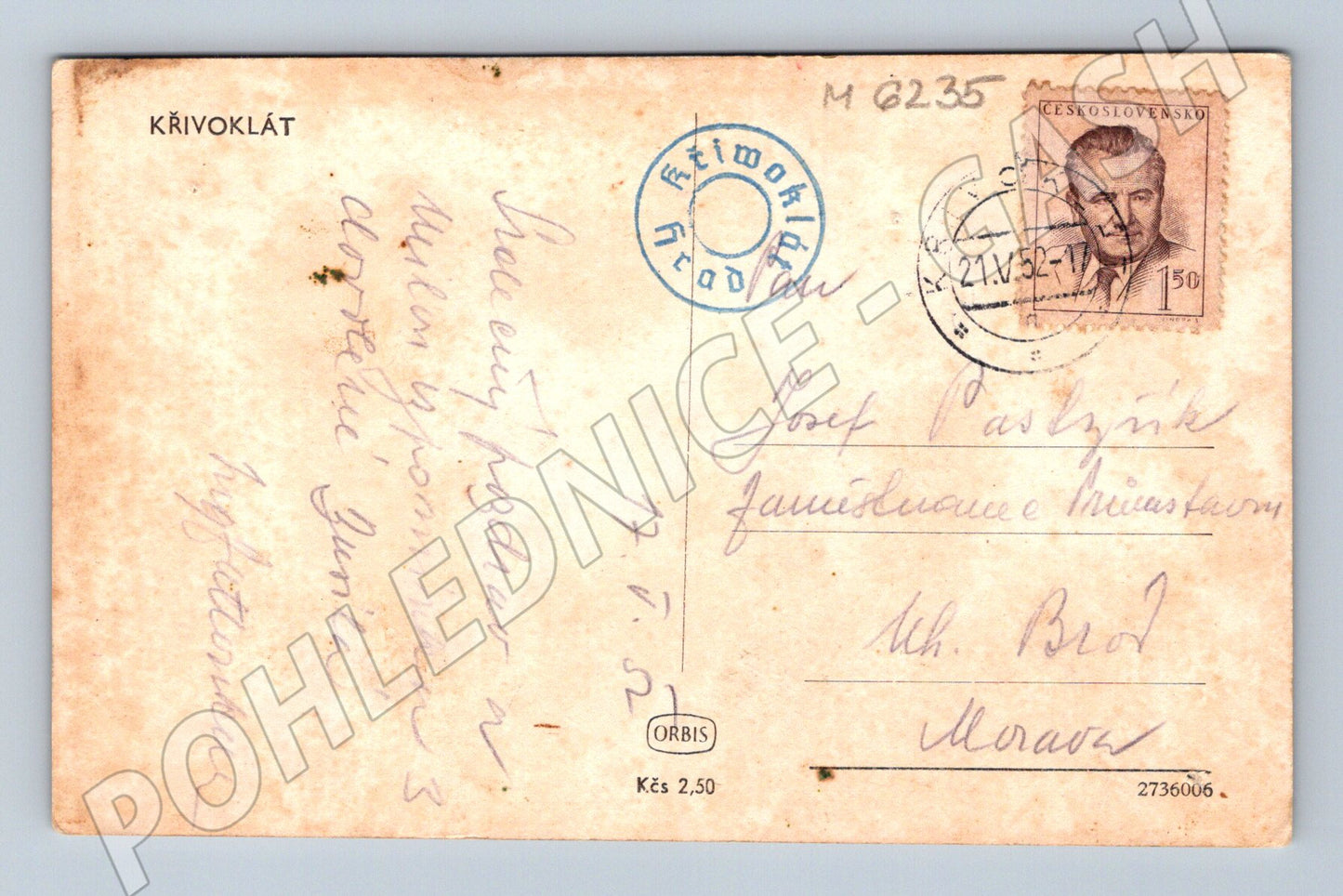 Pohlednice Křivoklát stará prošlá 1952 (M6235)