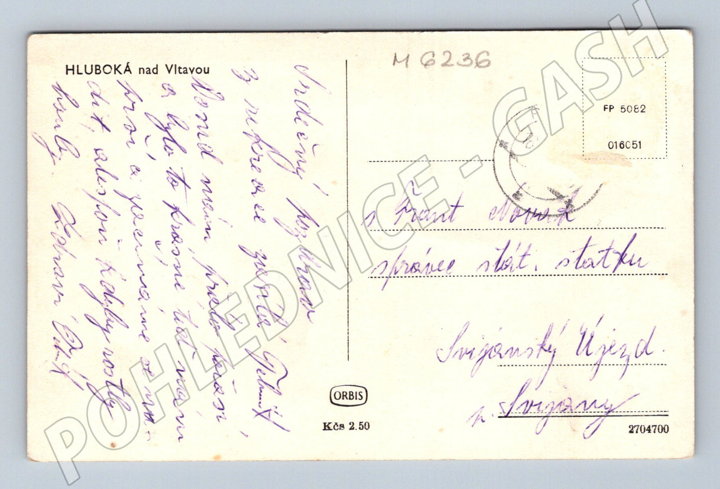 Pohlednice Hluboká nad Vltavou zámek čb odesláno (M6236)