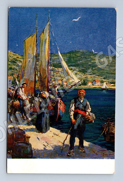 Pohlednice přístav plachetnice rybáři zasláno do Prahy (M6289)