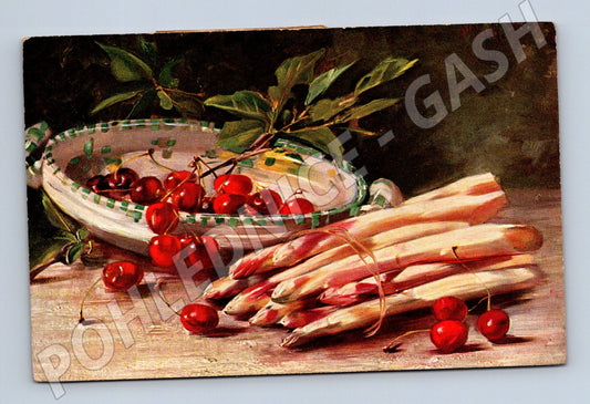 Pohlednice zátiší chřest třešně 1919 (M6328)