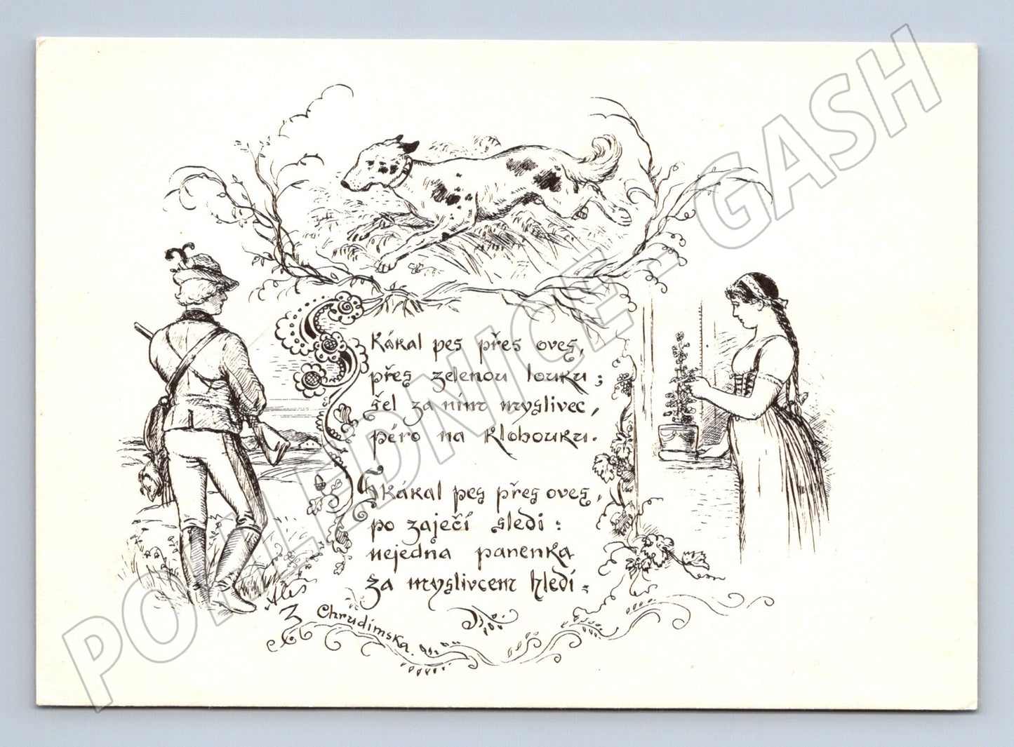 Pohlednice Mikoláš Aleš pes myslivec dívka (M6367)