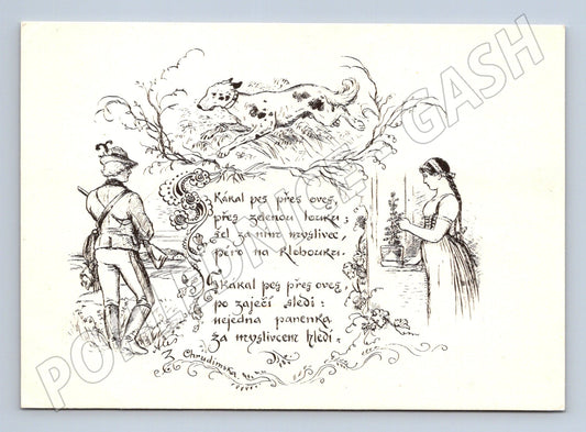 Pohlednice Mikoláš Aleš pes myslivec dívka (M6367)