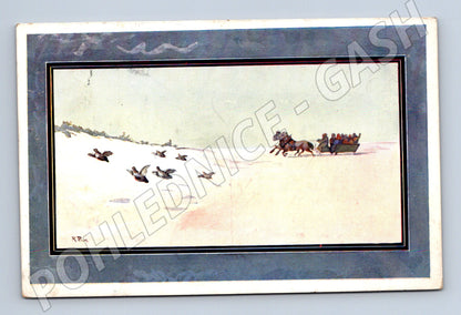 Pohlednice zimní krajina saně koně Slovensko (M6392)