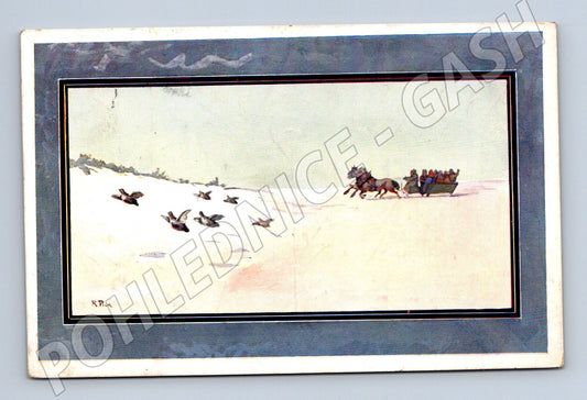 Pohlednice zimní krajina saně koně Slovensko (M6392)
