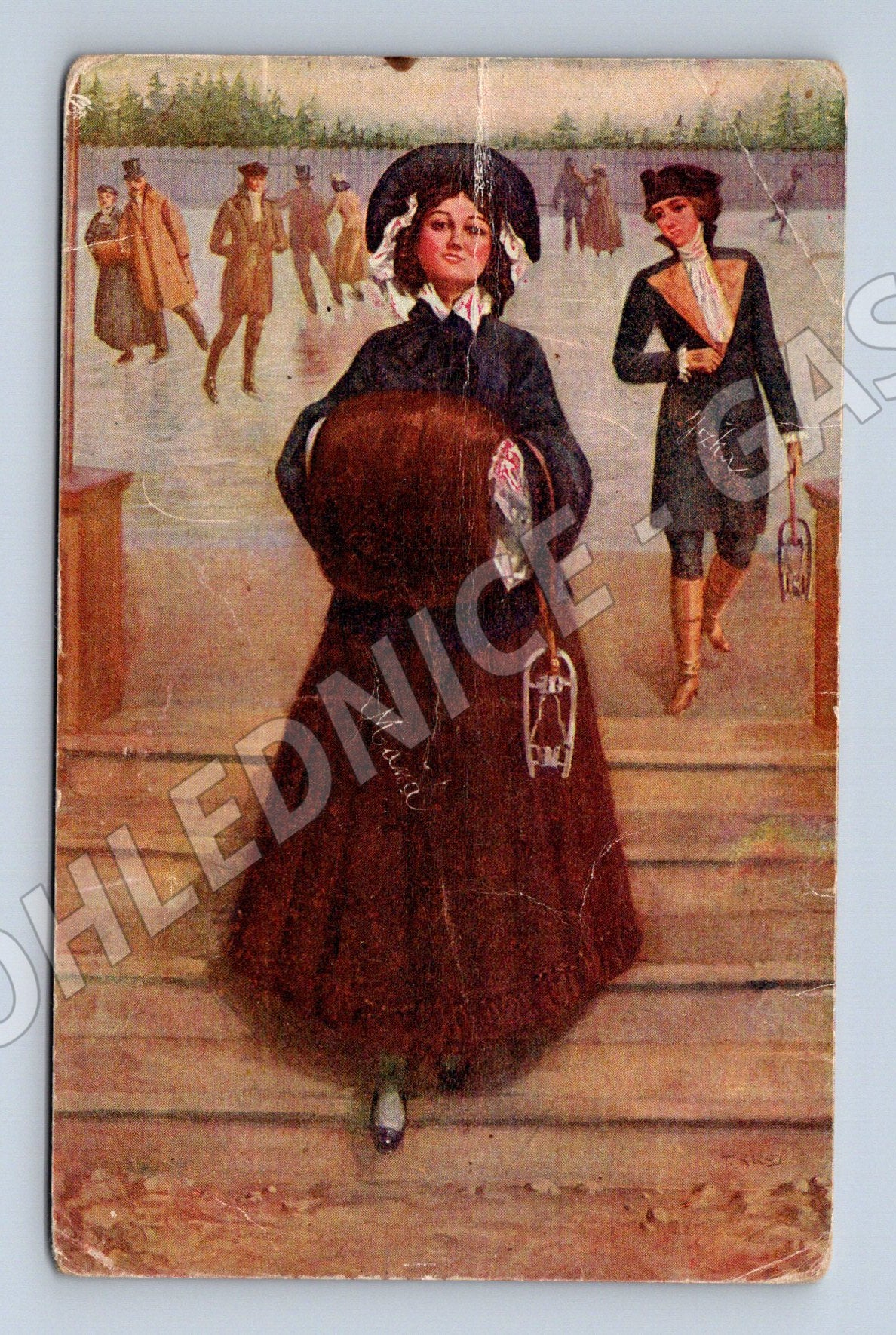 Pohlednice dáma a pán na bruslích dobový kroj (M6413)