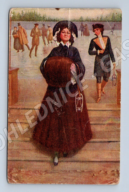 Pohlednice dáma a pán na bruslích dobový kroj (M6413)