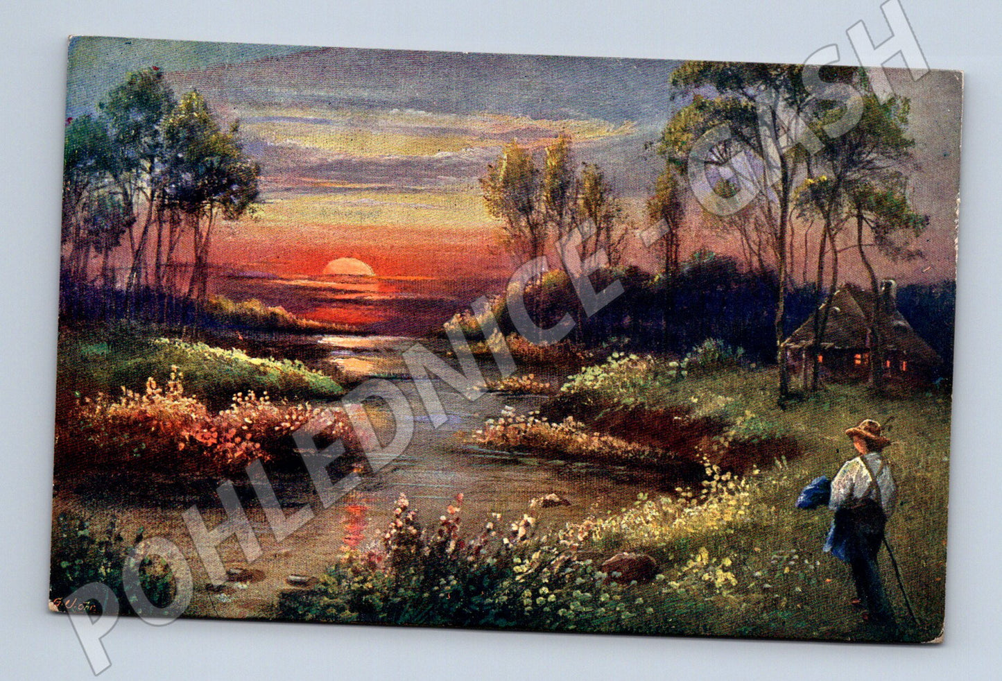 Pohlednice západ slunce krajina chaloupka 1937 (M6426)