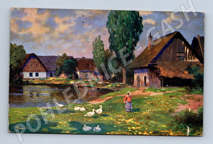 Pohlednice český venkov chalupa rybník (M6429)