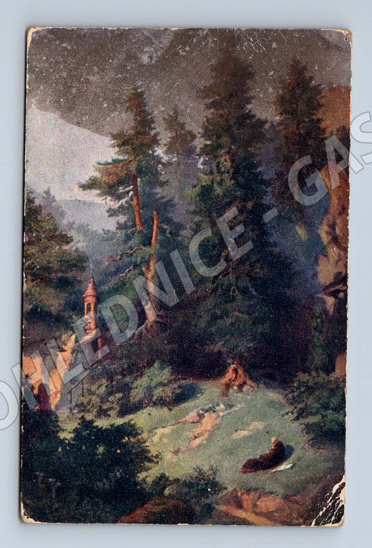 Pohlednice motiv hradu v krajině opotřebená (M6446)